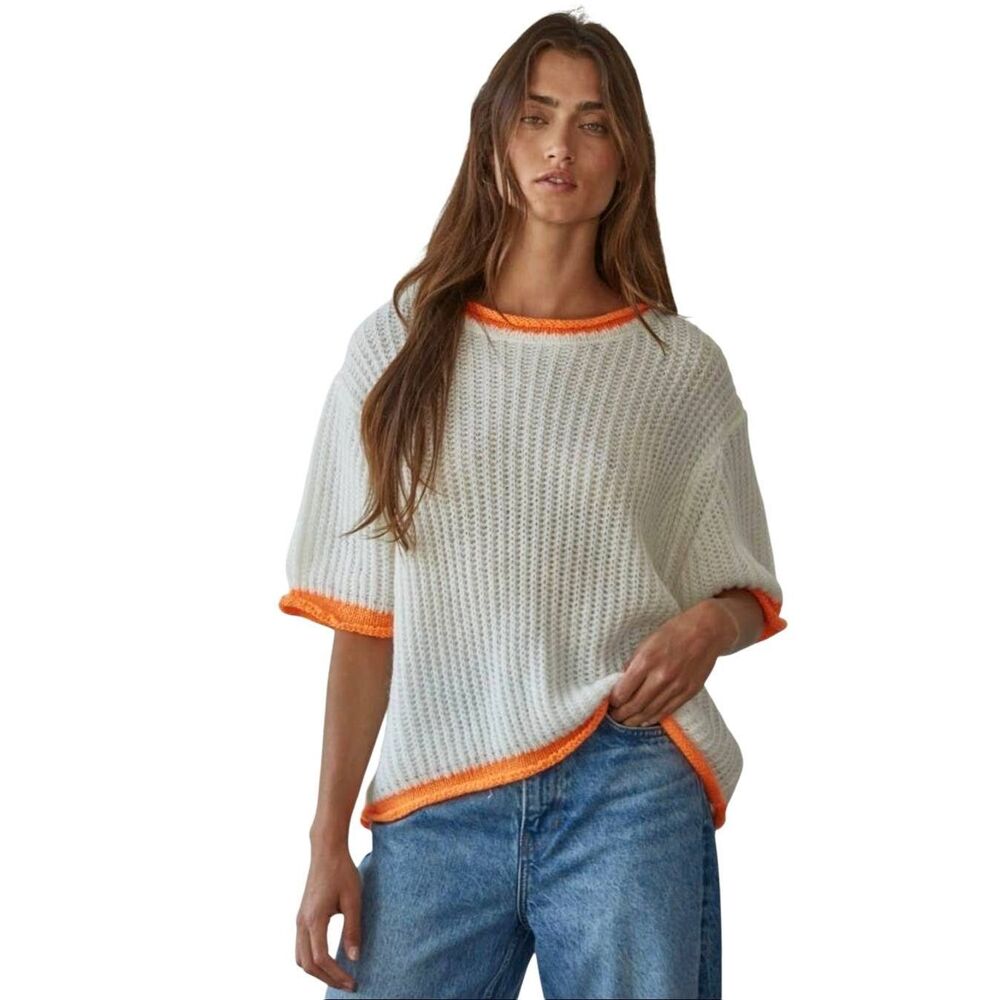 Easy Clothes Women's White w Bright Orange Trim Acrylic Knit Short Sleeve Oversi